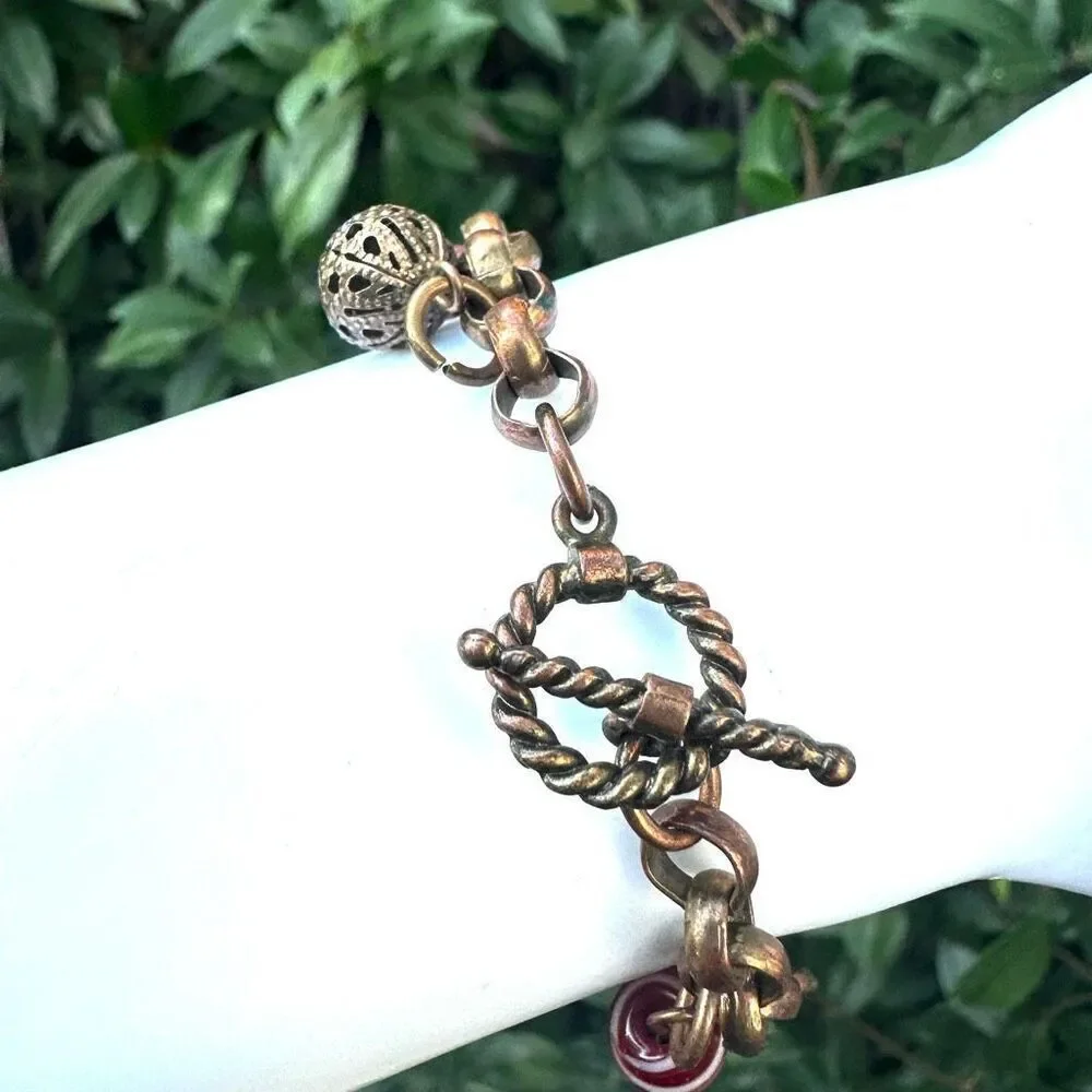 Brass  copper Charm Bracelet Pink Beads Turtle Heart Elephant Locket Horseshoe